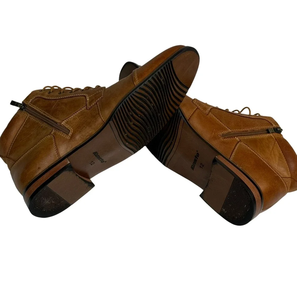 Kunsto Men Light Brown Leather Cap Toe Lace Up Side Zip Ankle Boots 12 SN4954-01